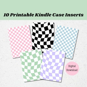 May include: Ten printable Kindle case inserts with checkered patterns in various colors, including black and white, pink and white, light blue and white, green and white, and purple and white. The patterns are wavy and abstract.