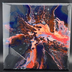 Abstract Acrylic Painting on Canvas/10x10in/ Red Blue Black Metallic/ Resin Finish/ Fluid Art/ Pour Painting/ Home Decor/ Wall Art/ Handmade