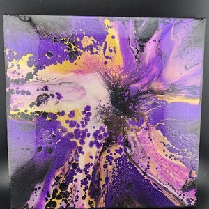 Abstract Acrylic Painting on Canvas/ 10x10in/ Purple Gold Black Metallic/ Resin Finish/ Fluid Art/Pour Painting/Home Decor/Wall Art/Handmade