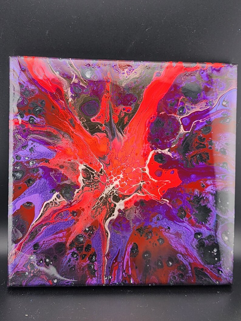 Abstract Acrylic Painting on Canvas/10x10in/ Red Purple Black Metallic
