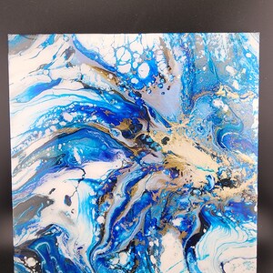 Abstract Acrylic Painting on Canvas/10x10in/ Blue Gold White Metallic/ Resin Finish/ Fluid Art/ Pour Painting/ Home Decor/ Wall Art/Handmade