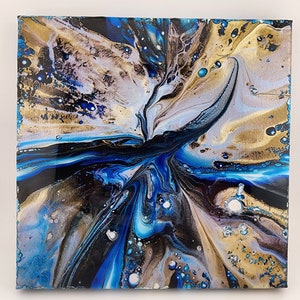 Abstract Acrylic Painting on Canvas/ 8x8in/ Blue Gold Black Metallic/ Resin Finish/ Fluid Art/ Pour Painting/ Home Decor/ Wall Art/ Handmade