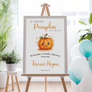 Herfst babyshower welkomstbord, pompoen babyshower welkomstbord, kleine pompoen babyshower welkomstbord, bewerkbare welkomstbord download