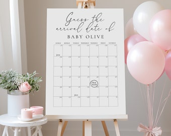 Juego de calendario de fecha de parto, juego de baby shower, adivinar la fecha de nacimiento del bebé, predicción editable del bebé, juego de fecha de parto
