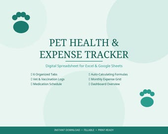 Pet Health Expense Tracker | Vet Visit, Vaccination, Medication Logs (Digital Download)