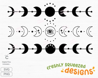 May include: Black and white moon phases with a sun, eye, and stars. The moon phases are connected by a line. The design is repeated three times.