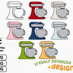 May include: Set of ten digital clipart images of a stand mixer in various colors, including red, blue, green, pink, yellow, and white. The mixer is a popular kitchen appliance used for baking and cooking.