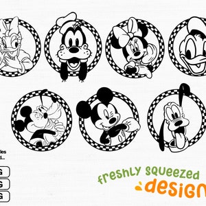 Black and White - Mickey Pluto Goofy Daisy Donald Minnie Checkered Circle Character Faces, SVG PNG JPG bundle, Instant Download