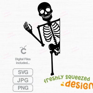 May include: Black skeleton silhouette peeking around a corner, waving with one hand.  The skeleton is smiling.  The text "freshly squeezed designs" is below the skeleton.