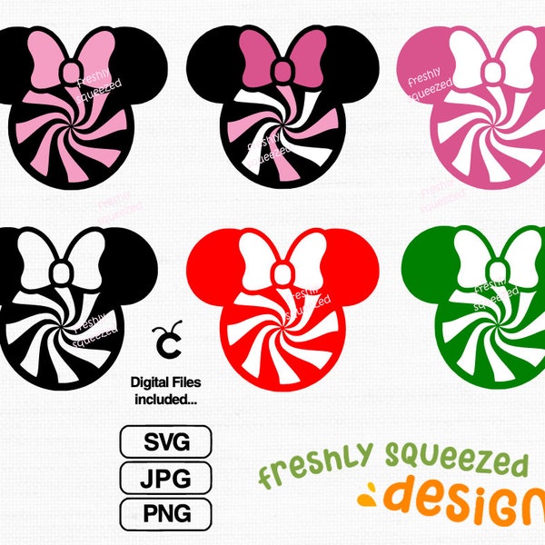 Bundle Candy Swirl Mint - Pink, Minnie Head Ears Candy, Holiday Mouse ears, magical season, SVG PNG JPG, Instant Digital Download, Cricut