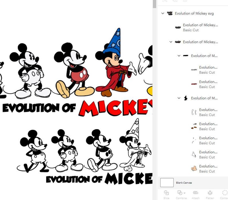 May include: A black and white illustration of the evolution of Mickey Mouse. The image shows Mickey Mouse in different stages of his design, from his earliest appearance to his modern look. The text "EVOLUTION OF MICKEY" appears twice in the image.