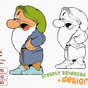 May include: A cartoon illustration of Grumpy, a dwarf from the Disney film Snow White and the Seven Dwarfs. He is wearing a green hat with the word "Grumpy" on it. He is frowning and has a white beard. The illustration is in colour and is on a white background.