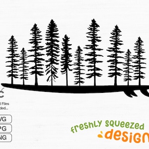 May include: Black silhouette of a surfboard with a row of pine trees on top. The surfboard is on a white background. The text "freshly squeezed designs" is below the surfboard.