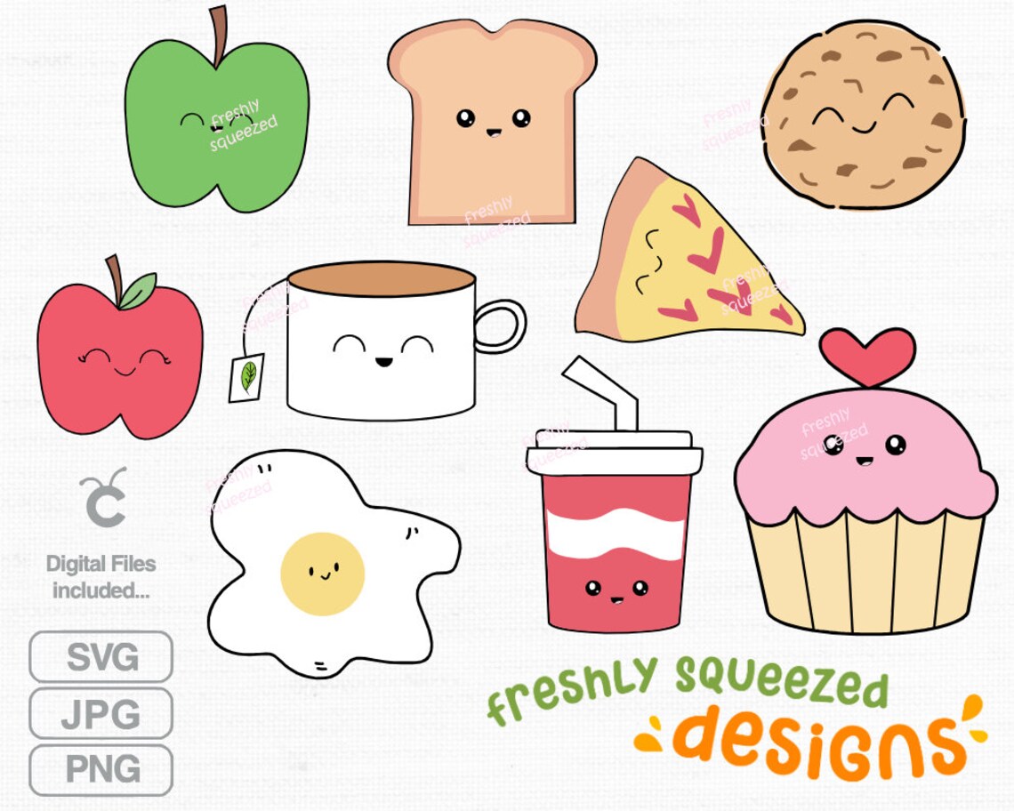 Cute Food Couples Kawaii Designs SVG PNG JPG Set, Cute Food Clip Art ...