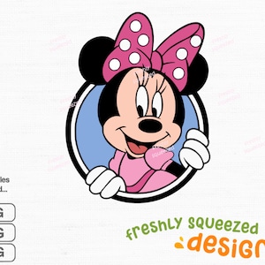 Peut inclure: Une illustration de dessin anim&eacute; de Minnie Mouse qui regarde hors d'un cercle. Elle porte une robe rose et un n&oelig;ud rose avec des pois blancs.
