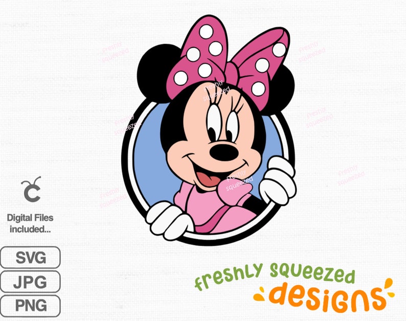 Peut inclure: Une illustration de dessin anim&eacute; de Minnie Mouse qui regarde hors d'un cercle. Elle porte une robe rose et un n&oelig;ud rose avec des pois blancs.