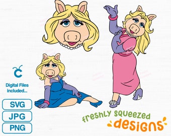 Może przedstawiać: Trzy cyfrowe ilustracje Miss Piggy z Muppetów. Pierwsze zdjęcie przedstawia głowę i ramiona Miss Piggy. Drugie zdjęcie przedstawia Miss Piggy w różowej sukience z uniesioną ręką. Trzecie zdjęcie przedstawia Miss Piggy w niebieskiej sukience ze skrzyżowanymi nogami. Tekst "freshly squeezed designs" znajduje się na dole obrazu.