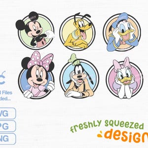 Pastellfärgade Mickey och vänner cirkelansikten SVG PNG JPG-paket (digital nedladdning)