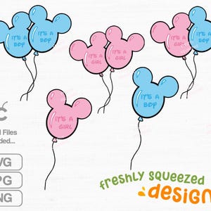 Pu&ograve; includere: File digitali con palloncini a forma di Mickey Mouse blu e rosa. I palloncini blu dicono "It's a Boy", e i palloncini rosa dicono "It's a Girl". L'immagine include i formati di file SVG, JPG e PNG.