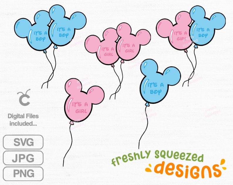 Pu&ograve; includere: File digitali con palloncini a forma di Mickey Mouse blu e rosa. I palloncini blu dicono "It's a Boy", e i palloncini rosa dicono "It's a Girl". L'immagine include i formati di file SVG, JPG e PNG.