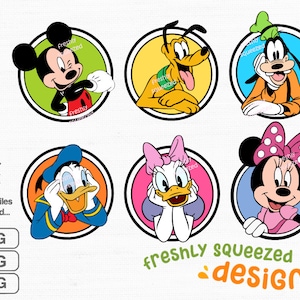 May include: Six colourful circles featuring cartoon characters from Disney. Mickey Mouse, Minnie Mouse, Donald Duck, Goofy, Pluto and Daisy Duck. Each character is in a different coloured circle. The text "freshly squeezed designs" is at the bottom of the image.