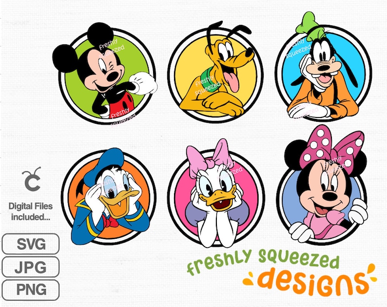 Peut inclure: Six cercles color&eacute;s avec des personnages de dessins anim&eacute;s de Disney. Mickey Mouse, Minnie Mouse, Donald Duck, Dingo, Pluto et Daisy Duck. Chaque personnage est dans un cercle de couleur diff&eacute;rente. Le texte "freshly squeezed designs" est en bas de l'image.