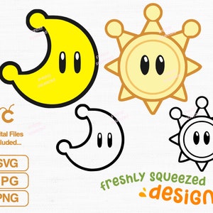 May include: Two sets of cartoon characters, one yellow and one black and white. The yellow set includes a yellow crescent moon with two black eyes and a yellow sun with two black eyes. The black and white set includes a black and white crescent moon with two black eyes and a black and white sun with two black eyes. The text "freshly squeezed designs" is below the characters.