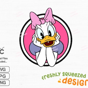 Peut inclure: Une illustration de dessin anim&eacute; d'un canard avec un n&oelig;ud rose, regardant sur le c&ocirc;t&eacute;, avec un fond rose et un cercle noir autour du canard. Le texte "freshly squeezed designs" est sous l'image.