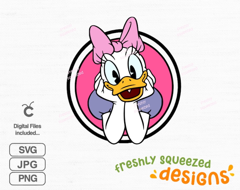 Peut inclure: Une illustration de dessin anim&eacute; d'un canard avec un n&oelig;ud rose, regardant sur le c&ocirc;t&eacute;, avec un fond rose et un cercle noir autour du canard. Le texte "freshly squeezed designs" est sous l'image.