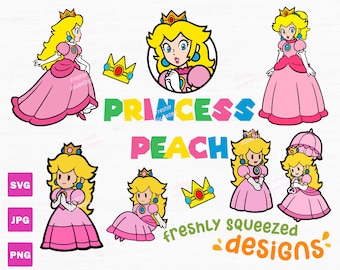 Puede incluir: Un conjunto de clipart digital con la Princesa Peach de la serie de videojuegos Super Mario Bros. El clipart incluye varias poses de la Princesa Peach con su característico vestido rosa y corona. El texto "freshly squeezed designs" también está incluido en la imagen.