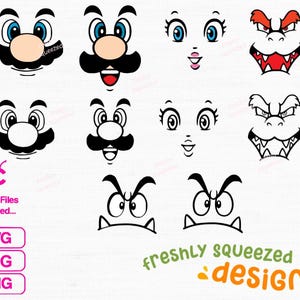 Mario Faces Collection - SVG PNG JPG bundle, Peach Bowser Luigi Mario Goomba - Digital Download