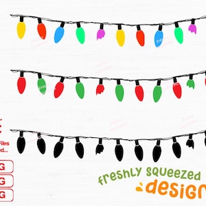 May include: Three rows of string lights with different colored bulbs. The top row has red, yellow, green, blue, pink, and white bulbs. The middle row has red, yellow, green, blue, pink, and white bulbs. The bottom row has black bulbs. The text "freshly squeezed designs" is at the bottom of the image.