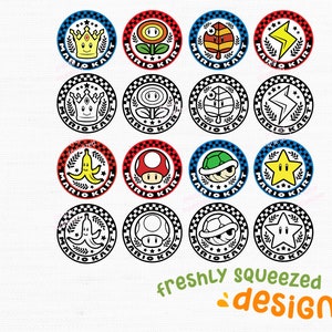 Mario Kart Cart Badge Cup Collection Color svg und png bündel, Stern, Pilz, Beleuchtung, Blume, Pilz - svg schneide Dateien, digitaler Download