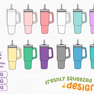 May include: A collection of insulated tumblers in various colors, including white, pink, red, teal, purple, yellow, green, gray, and blue. Each tumbler has a handle, a lid, and a straw. The image also includes the text "freshly squeezed designs."