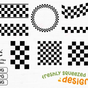 May include: A collection of black and white checkered patterns in various shapes, including straight lines, a circle, and a wavy design. The image also includes the text "Digital Files included..." and "freshly squeezed designs". Formats include SVG, JPG, and PNG.