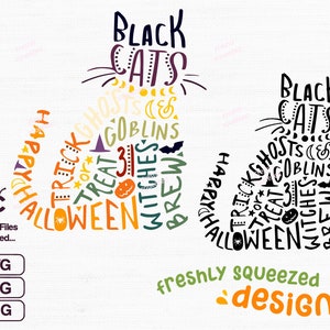 Peut inclure: Design de silhouette de chat noir avec les mots "Black Cats", "Trick or Treat", "Goblins", "Witches", "Brew", et "Halloween" dans une police d'écriture manuscrite colorée.