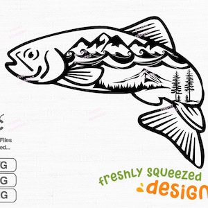 Salmon Coho Tree Mountain Silhouette, Westcoast Design, fish silhouette, SVG PNG JPG files, Clipart files, Instant Download