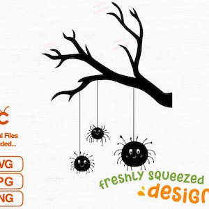 May include: Black silhouette of a tree branch with three smiling spiders hanging from it. The image includes the text "freshly squeezed designs" in green and orange, and "Digital Files included..." with SVG, JPG, and PNG file type icons.