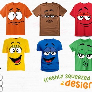 May include: Six t-shirts in various colours, each with a different cartoon face design. The shirts are orange, brown, red, yellow, blue, and green. The phrase "freshly squeezed designs" is written in green and orange. Digital files are included.