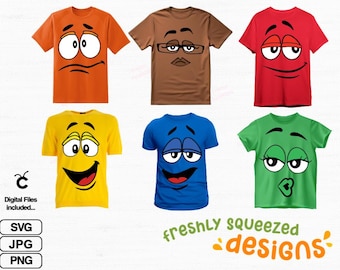 May include: A collection of six colorful t-shirts, each featuring a different cartoon face design. The shirts are in orange, brown, red, yellow, blue, and green. The phrase "freshly squeezed designs" is written in green and orange. Digital files are included.