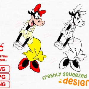 May include: A cartoon cow character in a yellow dress, red shoes, and a red bow. The cow has black and white markings and is smiling. The image includes the text "Digital Files included..." and file type icons.
