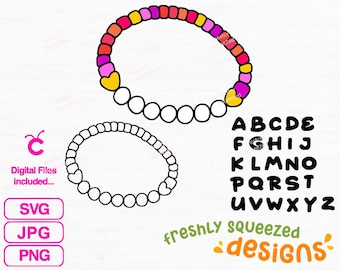 Könnte beinhalten: Zwei schwarz-weiße Umrisse von Halsketten mit herzförmigen Perlen. Die obere Halskette hat einen Regenbogen aus farbigen Perlen. Die untere Halskette hat ein schlichtes Design. Das Bild enthält auch ein schwarzes und weißes Alphabet in fetter Schrift.
