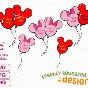 K&ouml;nnte beinhalten: Sechs Mickey Mouse-f&ouml;rmige Ballons mit dem Text "It's a Boy" und "It's a Girl" in Pink und Rot. Die Ballons sind mit einer Schnur zusammengebunden.