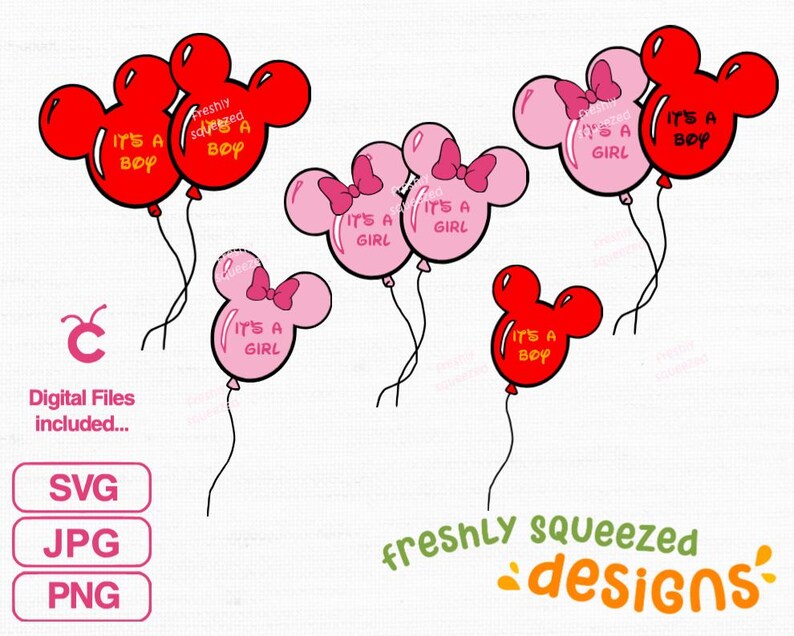 K&ouml;nnte beinhalten: Sechs Mickey Mouse-f&ouml;rmige Ballons mit dem Text "It's a Boy" und "It's a Girl" in Pink und Rot. Die Ballons sind mit einer Schnur zusammengebunden.