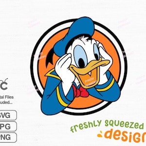 Peut inclure: Une illustration de dessin anim&eacute; de Donald Duck avec une chemise de marin bleue et un col jaune, les mains sur les oreilles. Il sourit la bouche ouverte et la langue tir&eacute;e. L'arri&egrave;re-plan est un cercle avec un centre orange et un contour noir.