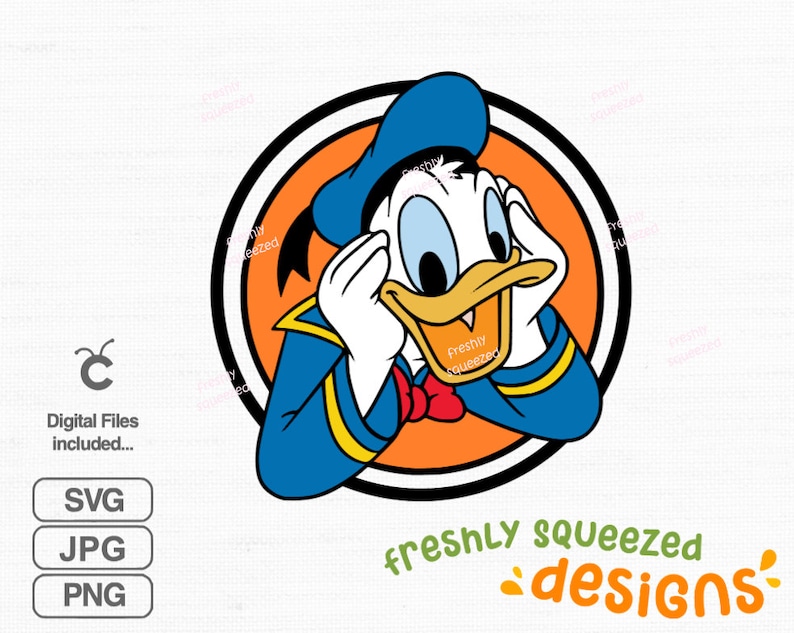 Peut inclure: Une illustration de dessin anim&eacute; de Donald Duck avec une chemise de marin bleue et un col jaune, les mains sur les oreilles. Il sourit la bouche ouverte et la langue tir&eacute;e. L'arri&egrave;re-plan est un cercle avec un centre orange et un contour noir.