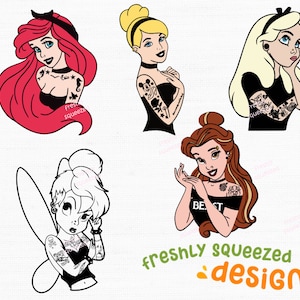 Punk Princess - Cinderella, Belle, Tinkerbelle, Alice Ariel-Svg-Png-Jpg-Bundle, SVG-Datei Layered SVG-Dateien, Clipart-Dateien, Instant Download