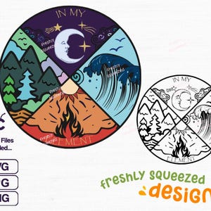 Könnte beinhalten: Ein farbenfrohes kreisförmiges Design mit vier Abschnitten, die die vier Elemente repräsentieren: Erde, Wasser, Feuer und Luft. Jeder Abschnitt zeigt ein anderes Bild, wie Berge, Wellen, Flammen und einen Halbmond. Der Text "In My Element" erscheint zweimal im Design.