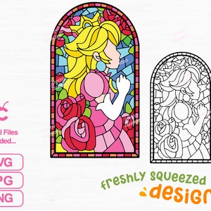 Könnte beinhalten: Eine Illustration im Stil eines Buntglasfensters mit einer Prinzessin mit Krone und rosa Kleid, umgeben von Rosen. Das Bild ist farbig und enthält eine Schwarzweiß-Umrandung.