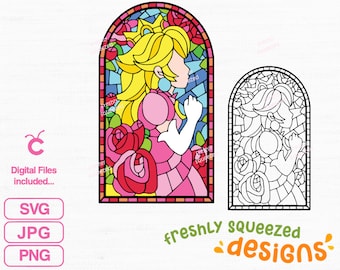 Puede incluir: Una ilustración de estilo vitral de un personaje de princesa con una corona y un vestido rosa, rodeado de rosas. La imagen está en color e incluye una versión en blanco y negro.